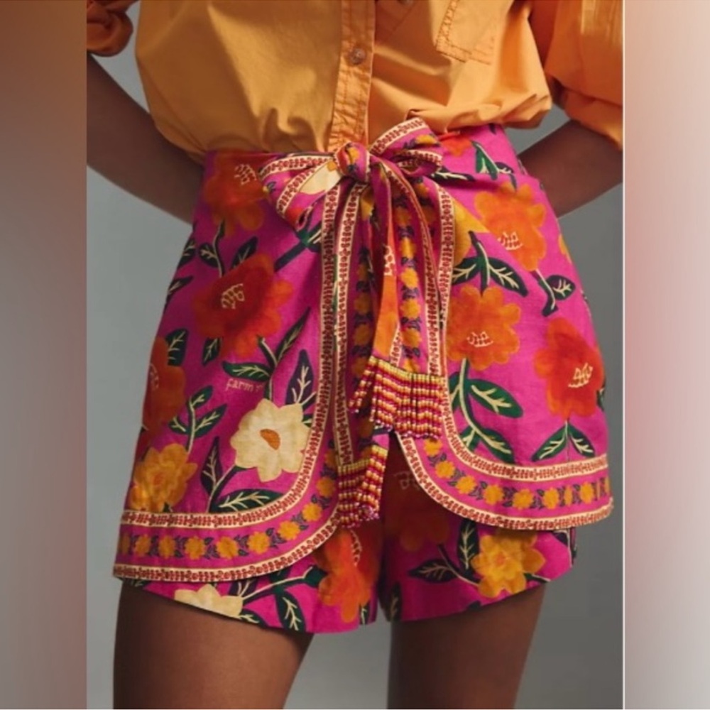 Farm Rio Anthropologie Tropical Floral Beaded Tie Front Tapestry Shorts